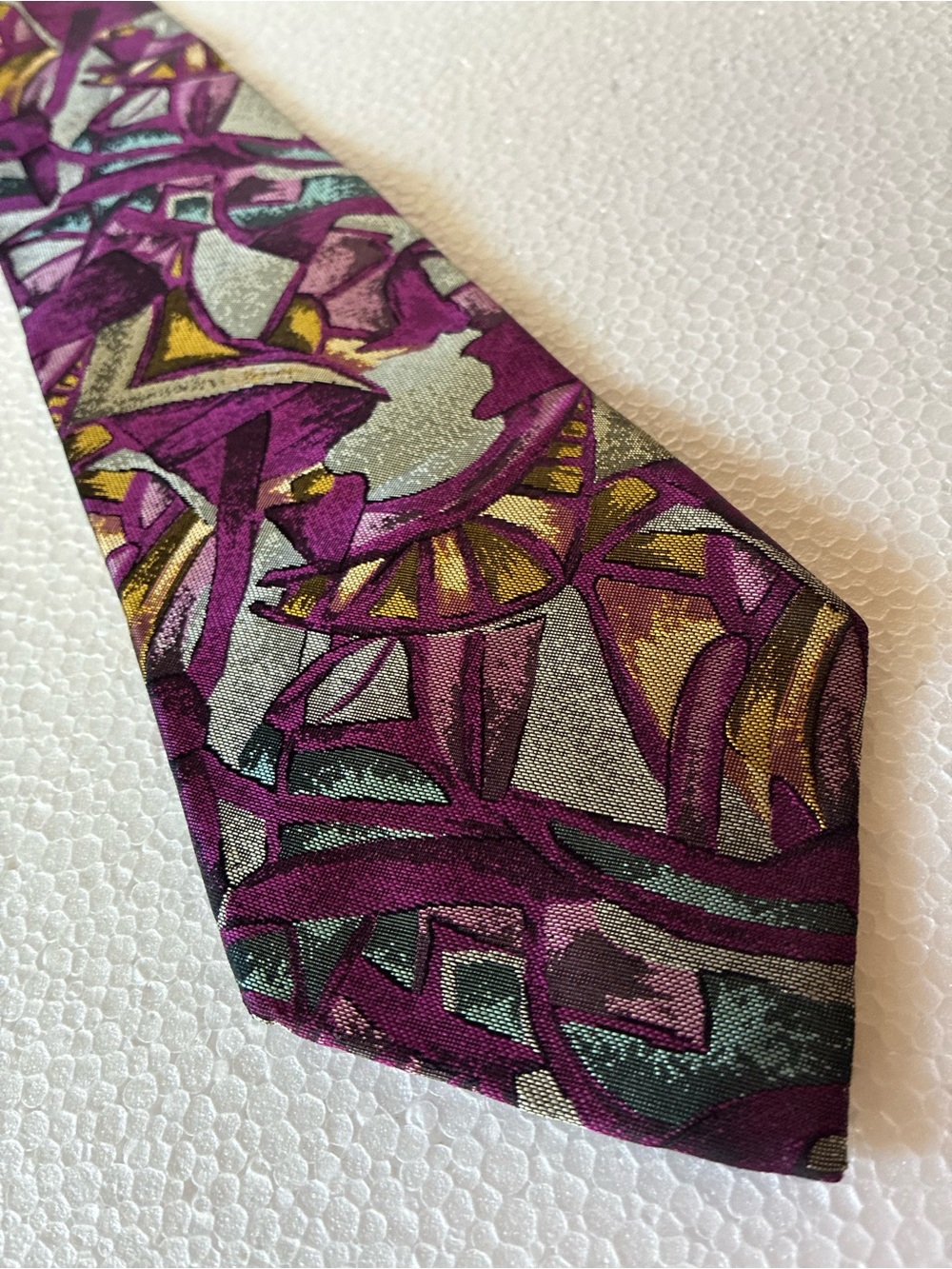 Bella Nova 100% Italian Silk Abstract Purple Tie with Gold and Teal Accents
